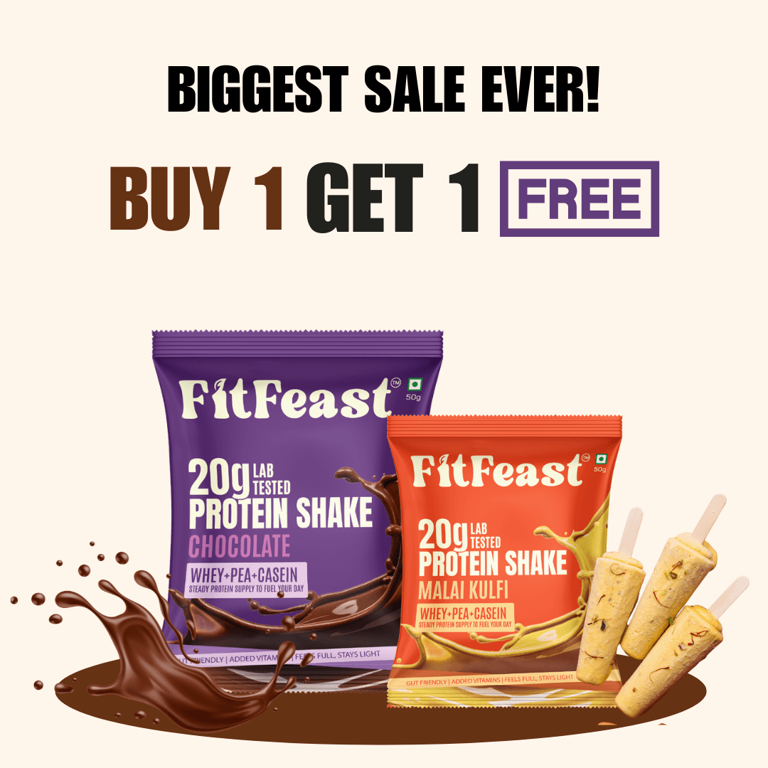 FitFeast — Buy 1 Get 1 Free protein shakes at ₹58 per sachet