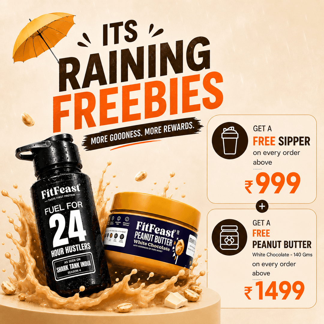 FitFeast — It's raining freebies: free sipper on orders above ₹999, free White Chocolate peanut butter above ₹1499